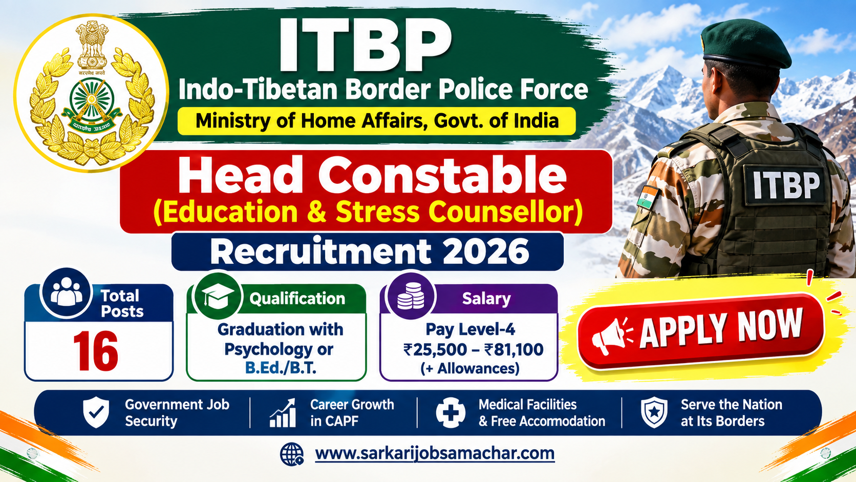 ITBP Head Constable (Education & Stress Counsellor) Recruitment 2026 - Apply Online for 16 Posts